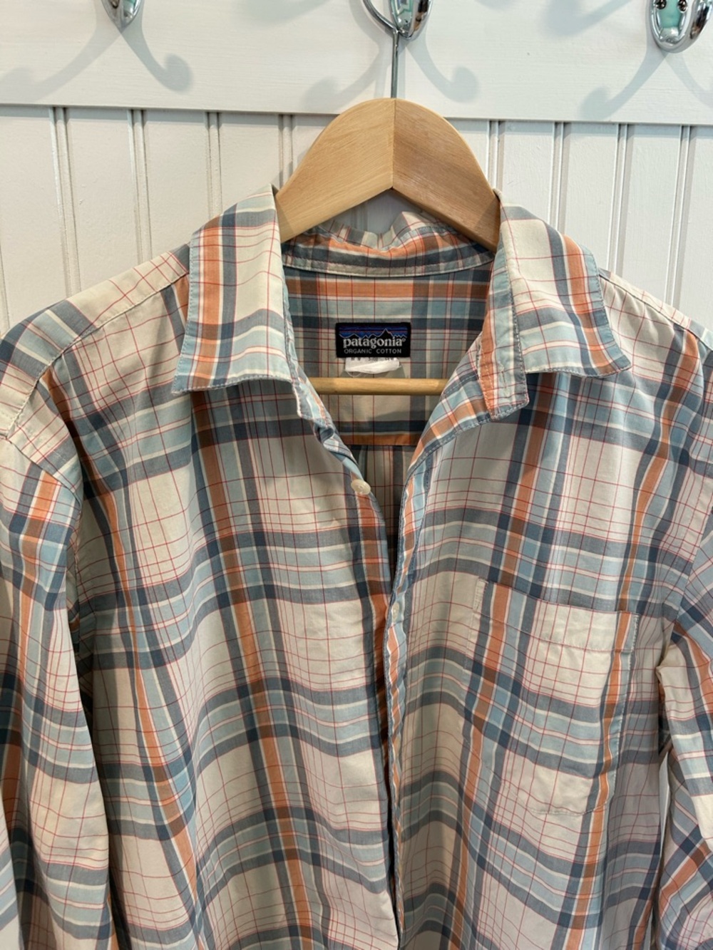 Patagonia Men's Plaid Button-Down Shirt in Cream, Blue & Orange